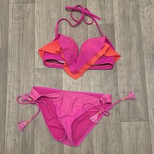 Pink tassel ruffle swim set pink Victoria secret and AriZona small large READ